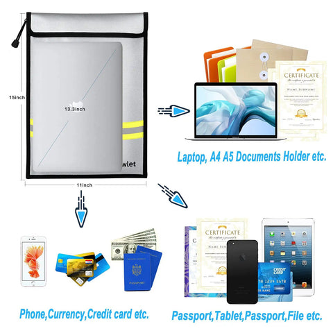 Fireproof And Waterproof All In One Money And Document Bag 15 By 11 Inches With Upgraded Zipper Fire And Water Resistant Storage Organizer Pouch For A4 A5 Documents Cash Jewelry Passport Tablet And Laptop Gray showing capacity and items stored.