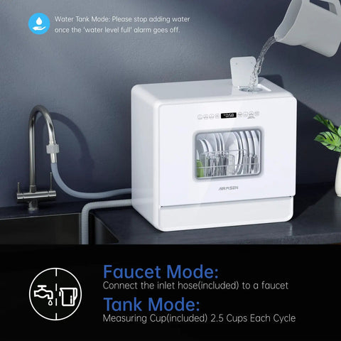 Slim Countertop Dishwasher Featuring Built In Water Tank Expanded Interior Holds Heavy Pots Hassle Free Plumbing showing water filling function.