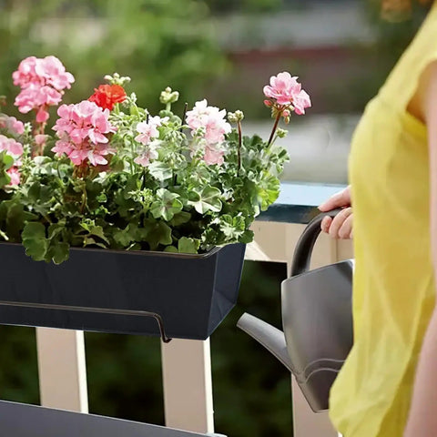 Two Pack 24 Inch Rectangle Window Box Liner Made From Felt Non Woven Planter Basket Insert Black Plant Container Liners on railing