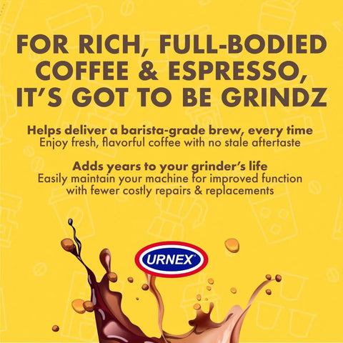 Pro Grade Coffee Grinder Cleaning Tablets 430 Grams packaging with coffee splash design and Grindz branding on yellow background