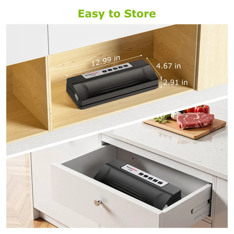 Powerful Vacuum Sealer For Food With Automatic Mode, compact design shown in kitchen storage space, Black Silver unit