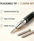 Kickass Five Inch Automatic Center Punch With Heavy Duty Rustproof Steel Body Adjustable Spring Tension And Two Extra Bits For Hella Precise Marking On Iron Or Wood In Your Project replaceable hardened steel tip and two spare bits.