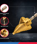 NEIKO 10173A step drill bit, titanium nitride-coated unibit, gold high-speed steel, 2-fluted spiral design