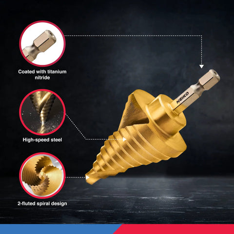 NEIKO 10173A step drill bit, titanium nitride-coated unibit, gold high-speed steel, 2-fluted spiral design