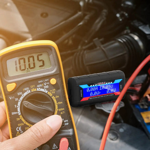 Two Pack High Precision Watt Meter Power Analyzer For Battery Consumption Monitoring With Backlit Digital LCD Screen in use
