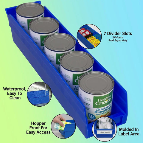 Heavy Duty Plastic Shelf Bins Stackable For Garage Closet And Drawer Organization In Red 18 Inch By 4 Inch By 4 Inch Durable Storage Containers For Shelves Cabinets And Under Sink 12 Pack holding cans