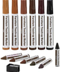 13 Piece Wood Repair Kit With Markers And Wax Sticks For Scratches And Stains, includes wax sharpener and various color options.
