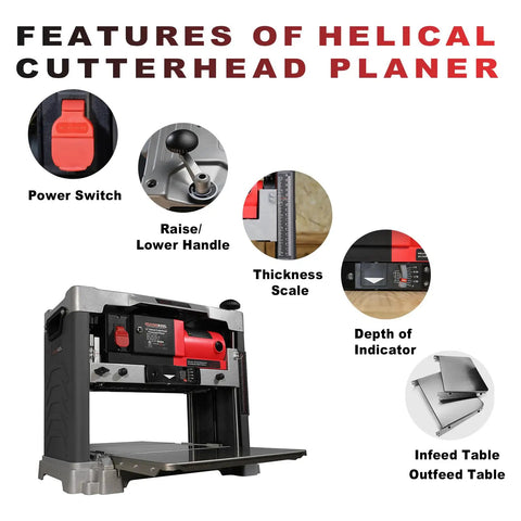 Features of Heavy Duty 13 Inch Benchtop Wood Thickness Planer With Slick Helical Spiral Cutterhead and 120V 15Amp Motor, displaying controls and measurements.
