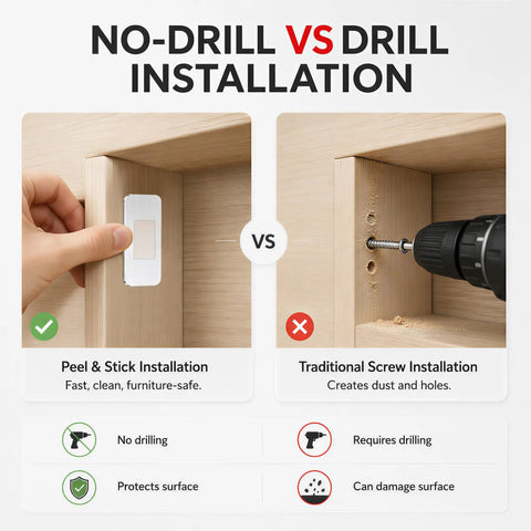 Comparison of no-drill stick-on vs drilled installation for Ultra Thin Magnetic Cabinet Catches With Strong Adhesive No Drill Door Latches For Cabinets Kitchen Bathroom Closet And RV 6 Pack Easy Stick On Mount Keeps Doors Quiet And Secure.