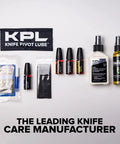 Pocket Knife Oil Combo Pack With Original Heavy Ultralight Variants Blade Lube For Blades 3 X 10ml Bottles laid out on display