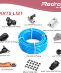 Image showing parts list of Three Quarter Inch Shop Air Line Kit 200 Foot No Fuss Leak Proof Piping For Garage Or Shop Easy To Install Air Hose System Durable HDPE Aluminum Piping 200 PSI ASTM F1282 Blue including tubing, fittings, and tools.