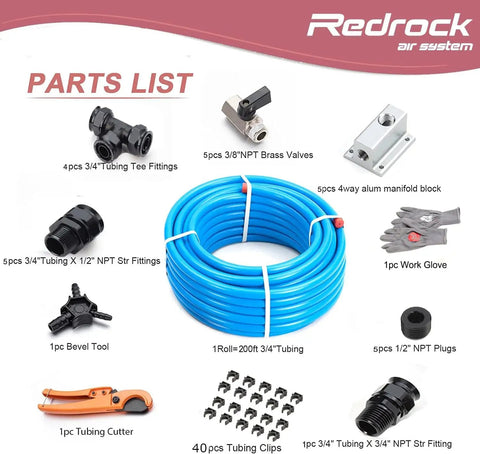 Image showing parts list of Three Quarter Inch Shop Air Line Kit 200 Foot No Fuss Leak Proof Piping For Garage Or Shop Easy To Install Air Hose System Durable HDPE Aluminum Piping 200 PSI ASTM F1282 Blue including tubing, fittings, and tools.