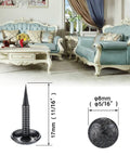 Top Shelf Vintage Flower Upholstery Tacks 200 Pack Small 5/16 Inch Head Nails on blue sofa and dimensions shown.