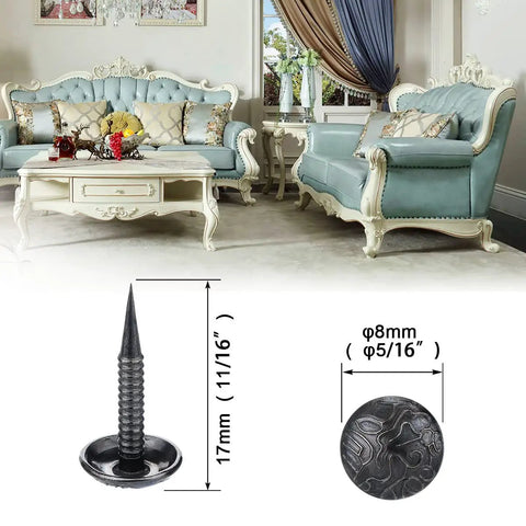 Top Shelf Vintage Flower Upholstery Tacks 200 Pack Small 5/16 Inch Head Nails on blue sofa and dimensions shown.