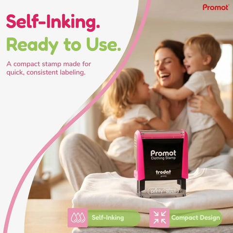 Personalized Kids Clothing Stamp Set Self Inking Name Stamp With 2 Lines Of Text Fabric Stamper displayed on folded clothes