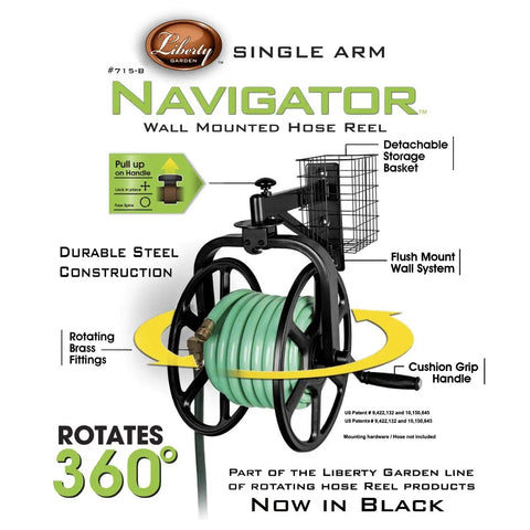 Multi Directional Garden Hose Reel With 360 Degree Rotation Holds One Hundred Twenty Five Feet Of Five Eighths Inch Hose Heavy Duty Eighteen Gauge Steel Construction Bronze Powder Coat For Weather Resistance Pull Up Knob And Storage Tray Hose Not Included product display