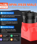 9Pin J1939 Male To 16Pin OBD2 Female Diagnostic Adapter, red and black, for Heavy Duty Trucks, with OBD2 compatibility details