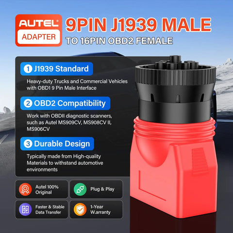 9Pin J1939 Male To 16Pin OBD2 Female Diagnostic Adapter, red and black, for Heavy Duty Trucks, with OBD2 compatibility details