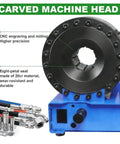 Industrial Grade Electric Hydraulic Hose Press Automatic Crimping Machine For High Pressure Pipe And Fitting Setup With Non Slip Grip showing CNC engraved machine head.