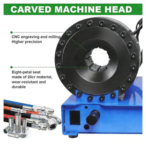 Industrial Grade Electric Hydraulic Hose Press Automatic Crimping Machine For High Pressure Pipe And Fitting Setup With Non Slip Grip showing CNC engraved machine head.