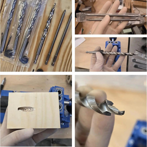 Assorted views of 4 Piece 3 By 8 Inch Drill Bit Set With Depth Stop Collar And 2 SQ2 Screwdriver Bits, including close-up and packaging.