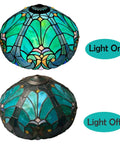 16-Inch Wide Victorian Style Stained Glass Lampshade For Table And Floor Lamps Handcrafted Real Leaded Glass Shade With Rich Jewel Tones Vintage Inspired Lighting Accessory shown with light on and off