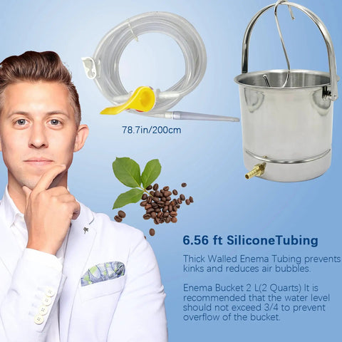 Coffee Enema Kit Stainless Steel 1.8 Qt Bucket Easy To Use No Fuss Setup With Food Grade 304 Stainless BPA Free Silicone Hose Phthalate Free Non Toxic Construction For Cleanse And Detox Enemas, 200cm tubing and bucket