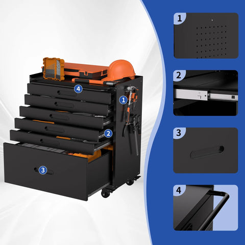 30 Inch Rock Solid Steel Tool Storage Cabinet With Six Roomy Drawers And Silky Smooth Silent Slides Built Tough With Lockable Caster Wheels for garage tool organization.