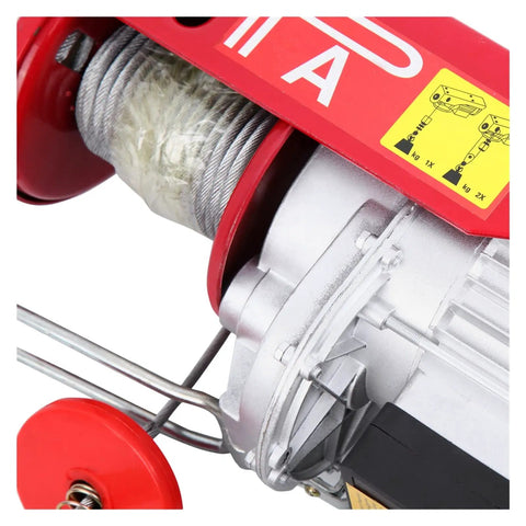 Portable Electric Hoist Crane With Wired Remote Control Heavy Duty Garage Winch Lifter close-up of steel rope and copper motor.