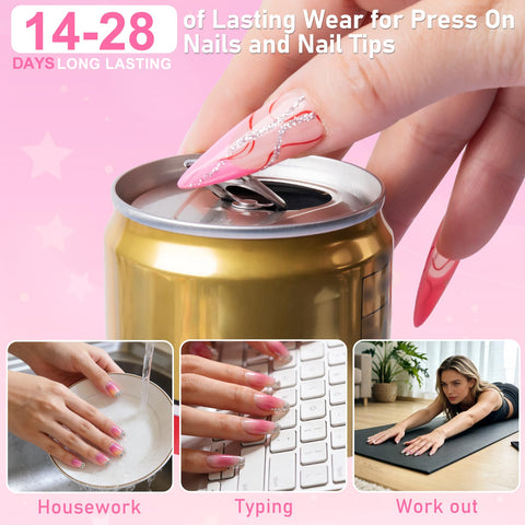 Ultra Fast Nail Glue For Acrylics And Press Ons, Super Strong Adhesive That Lasts 2 To 4 Weeks, Quick Dry In 3 To 5 Seconds Without UV Light, Professional Nail Art Glue For Broken Nails, 0.07 Oz Per Piece, 12 Pack with various activities demonstration.
