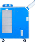 Industrial Grade Portable Air Conditioner With Triple Cold Air Nozzles To Crush Summer Heat Fast Covers Two Thousand Six Hundred Square Feet For Workshops And Server Rooms Features a blue design with castors and air nozzle.