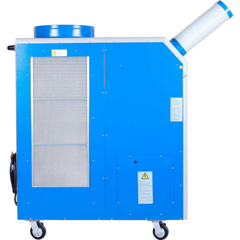 Industrial Grade Portable Air Conditioner With Triple Cold Air Nozzles To Crush Summer Heat Fast Covers Two Thousand Six Hundred Square Feet For Workshops And Server Rooms Features a blue design with castors and air nozzle.