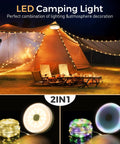 Rechargeable 32.8ft Camping String Lights With 8 Modes Waterproof Portable LED Lamp illuminating a tent at night