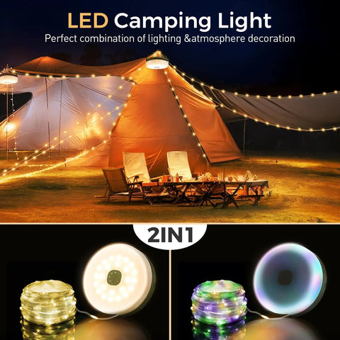 Rechargeable 32.8ft Camping String Lights With 8 Modes Waterproof Portable LED Lamp illuminating a tent at night