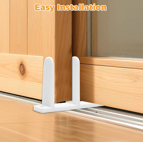 Four Pack Closet Door Floor Guides for Floor Sliding Doors fits one and three eighths inch thick white with eight screws durable ABS material waterproof and wear resistant ideal for cloakrooms bathrooms and kitchens installed on a wooden door.