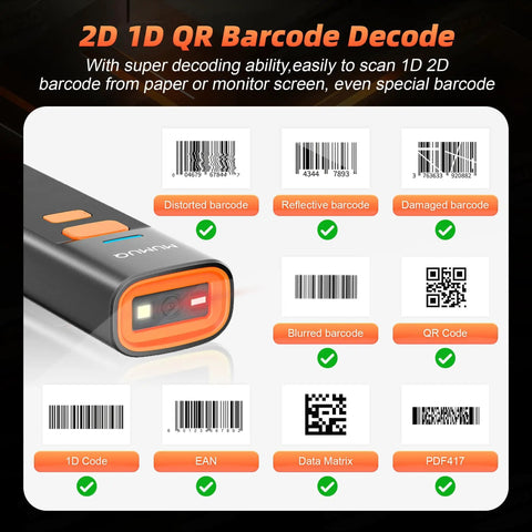 Ultra Pocket Sized 2D Barcode Scanner Bluetooth 3 In 1 Wireless USB 2.4G Barcode Reader with variety of barcode types.