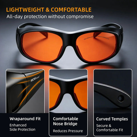 The Real Deal OD7 Plus Laser Safety Glasses With CE Certified Nano PC Lenses, showing wraparound fit and comfortable nose bridge.