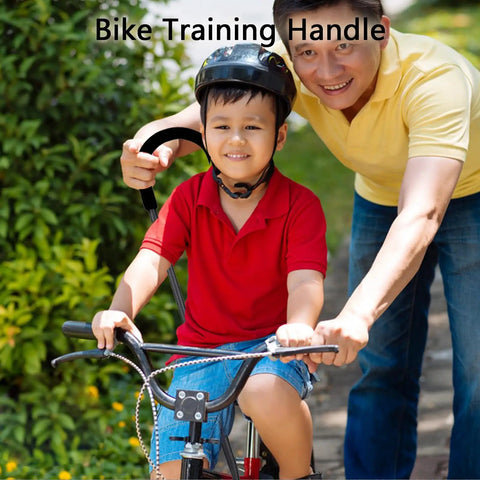 Adult assisting child on bike with Kids Bicycle Safety Trainer Handle For Easy Balance Learning Balance Push Bar On Most Kids Bikes Sturdy Iron Push Stick For Stability Comfort And Control While Riding Black