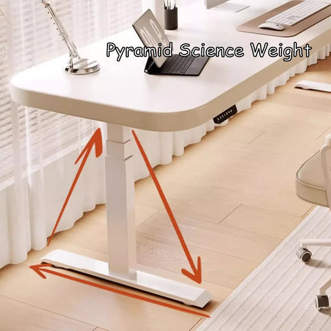 Slick Electric Sit Stand Desk With Three Smart Memory Presets And Cool Anti Collision Guard Heavy Duty Platform for home office, showing sturdy white frame and wooden top.
