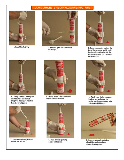 Step-by-step instructions for using Crack Injection Epoxy Kit For Concrete, Wood, Fiberglass And Metal In A 10 Oz Cartridge With Resin And Hardener, One Gun Ready
