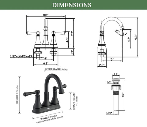 Matte Black Two Handle Centerset Bathroom Faucet With Three Hole Drain Assembly dimensions and technical drawings