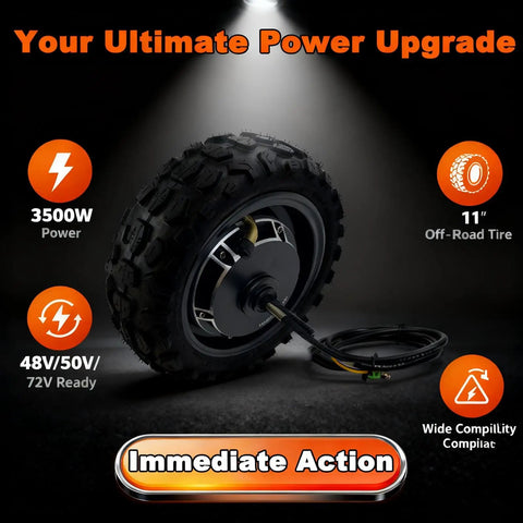 Beefy 3500W 11-Inch Hub Motor for Electric Scooters and E-Bikes, 48-72V Brushless Power, tubeless off-road tire displayed