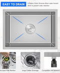 Undermount Kitchen Sink In Brushed Stainless Steel 18 Gauge T304 Handmade Single Bowl With Drain Strainer 20 Inch L By 16 Inch W By 9 Inch D Fits Three And A Half Inch Garbage Disposal Opening Built To Last, top view with drain strainer and illustrations of drainage features.