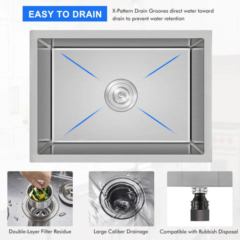Undermount Kitchen Sink In Brushed Stainless Steel 18 Gauge T304 Handmade Single Bowl With Drain Strainer 20 Inch L By 16 Inch W By 9 Inch D Fits Three And A Half Inch Garbage Disposal Opening Built To Last, top view with drain strainer and illustrations of drainage features.