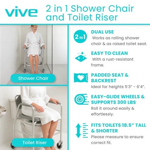 Real Deal Rolling Shower Chair With Slick Glide Casters Doubles As Raised Toilet Riser For Bathroom Mobility Heavy Duty Frame And Zero Stress Assembly