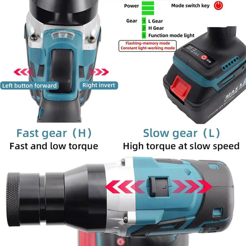 Badass Brushless Cordless Rivet Nut Gun With 2 Pack 5200mAh Batteries And Fast Charger showing gear switch for fast and slow operation.