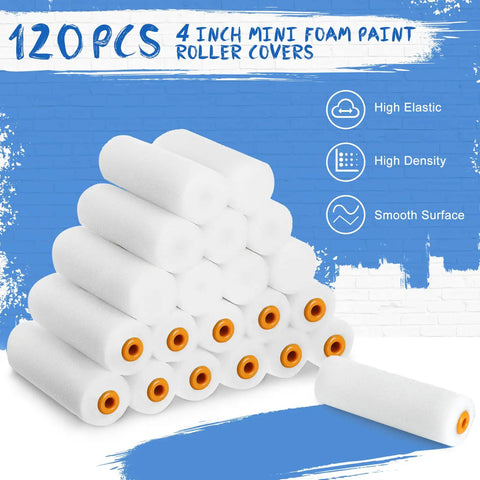 120 Count 4 Inch Foam Paint Roller Refills For Walls And Edges High Density Mini Foam Covers Deliver Smooth Even Coats On Flat Surface