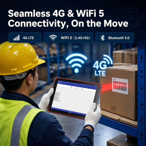 Badass Rugged Android Tablet With Integrated Honeywell N6703 Scanner Featuring Solid 8 Inch Display showing 4G and WiFi 5 connectivity in use.