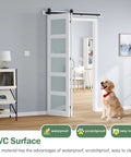 Heavy Duty Bifold Barn Door 48X84 Double Frame With Frosted Glass And Full Track Kit, PVC surface with dog and home interior.