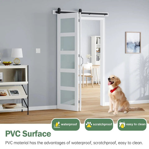 Heavy Duty Bifold Barn Door 48X84 Double Frame With Frosted Glass And Full Track Kit, PVC surface with dog and home interior.